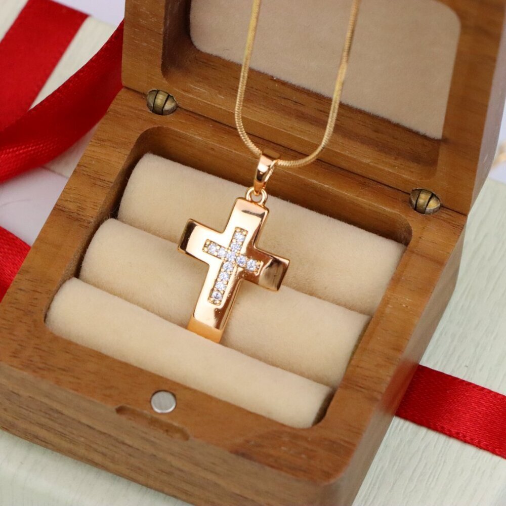 "Rose Gold Cross Pendant with Inset CZ Accents in Glossy Finish, XPPT1847 - Picture 6 of 13